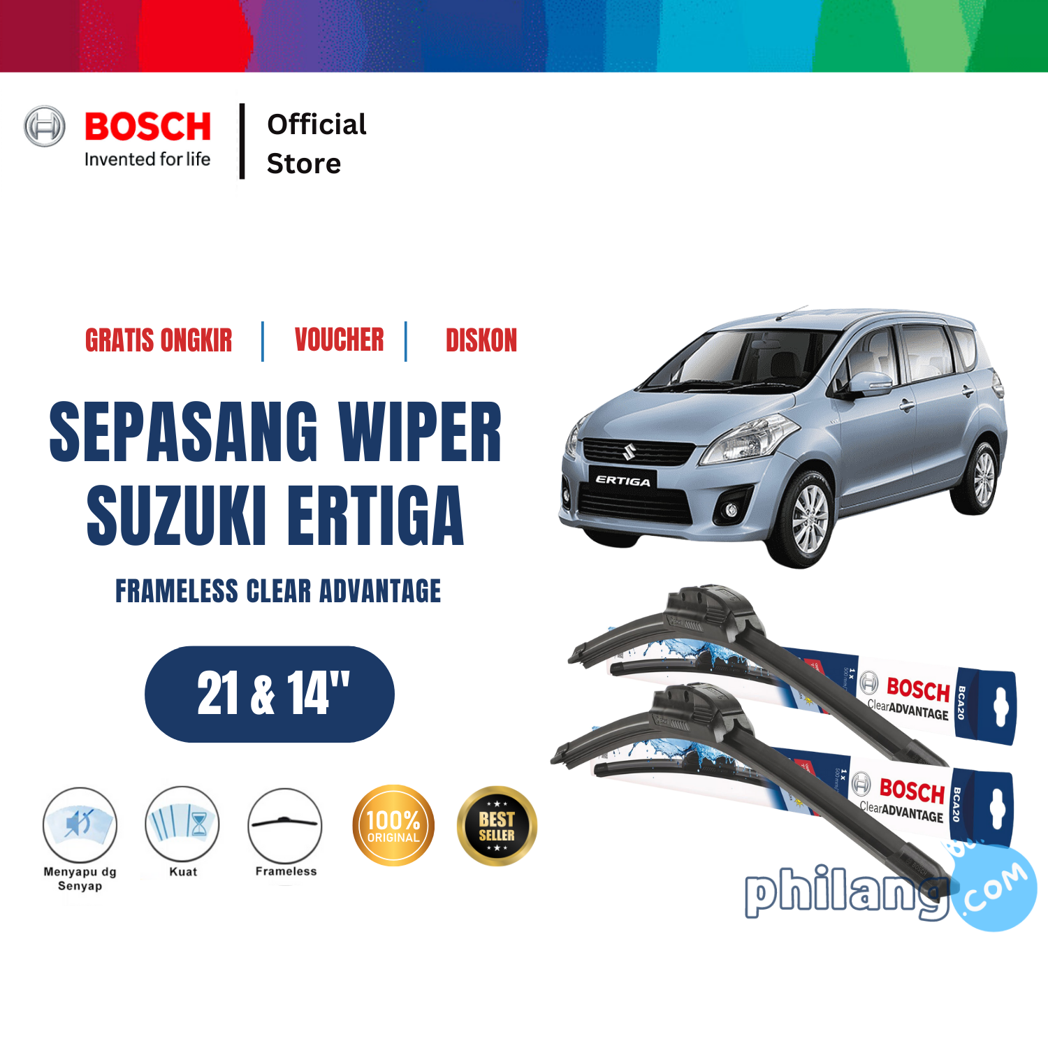 Wiper Frameless Bosch untuk Mobil Suzuki Ertiga 21 dan 14 inchi