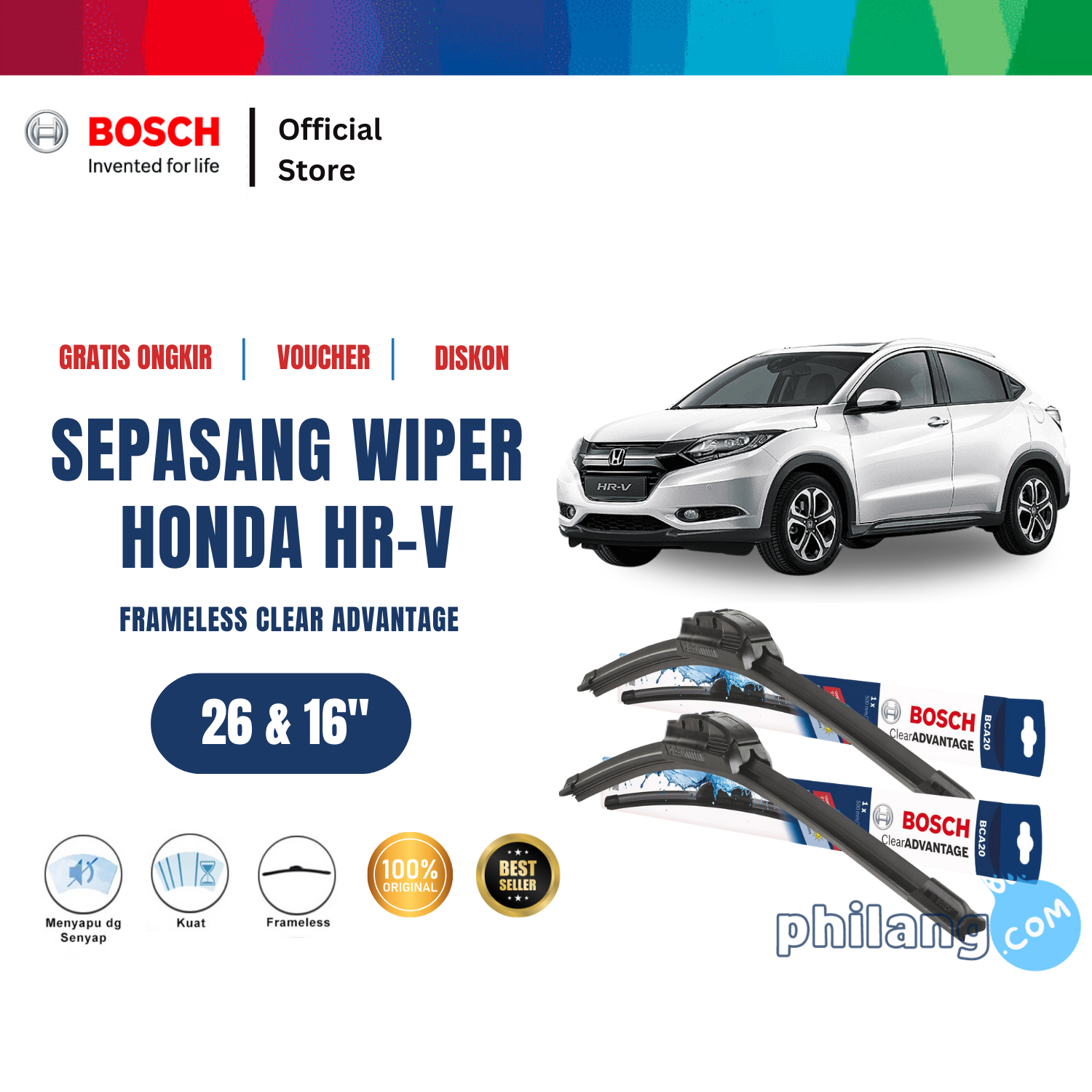 Bosch Sepasang Wiper Frameless New Clear Advantage Mobil Honda HRV 26 dan 16 inchi
