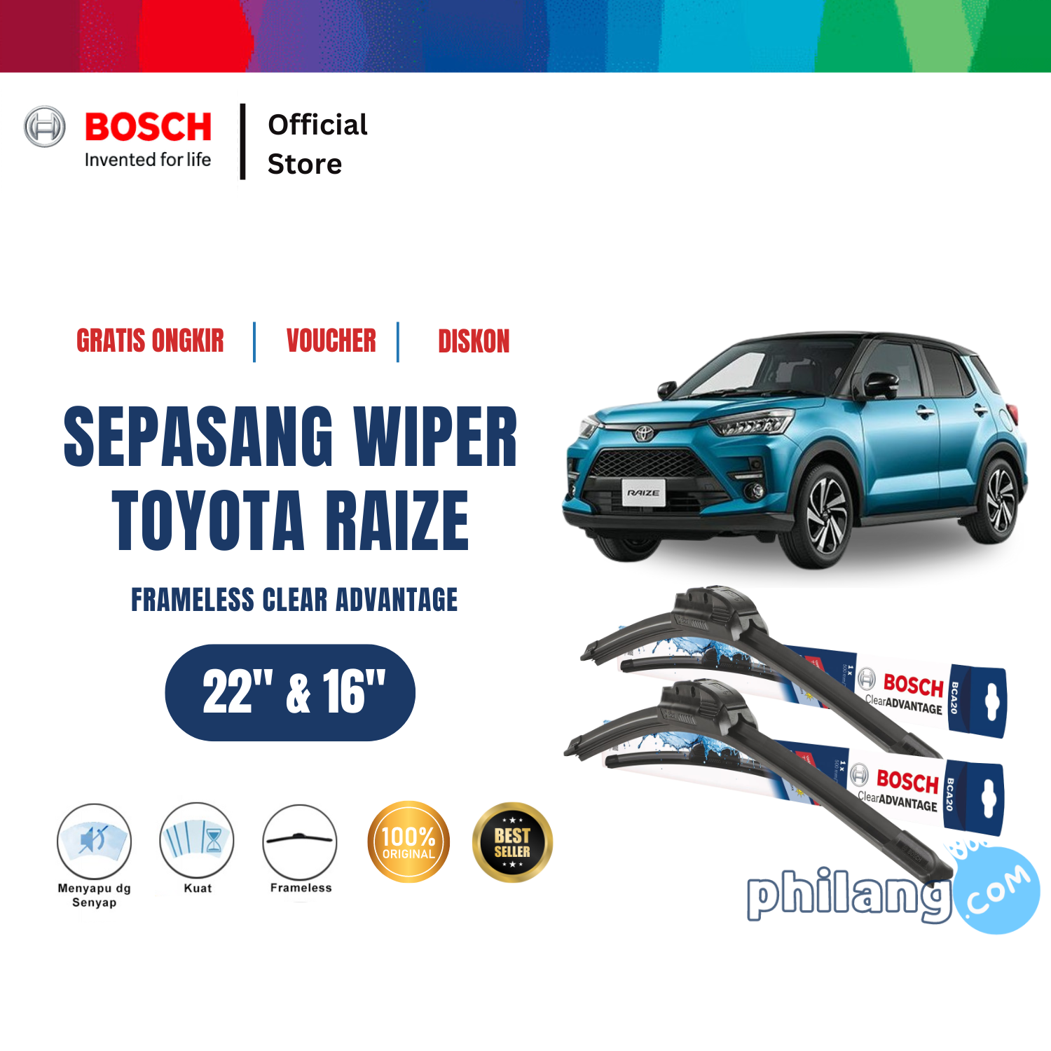 Bosch Wiper Kaca Mobil Toyota Raize Frameless Clear 22 dan 16 inchi